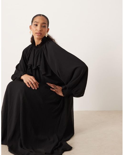 ASOS Black High Neck Ruffle Detail Chiffon Maxi Dress
