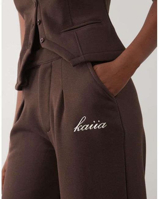 Kaiia Brown Cotton Rich Embroidered Wide Leg Pintuck joggers Co-ord
