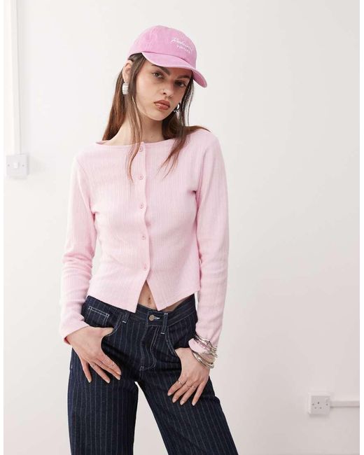Reclaimed (vintage) Geribbelde Top Met Knoopsluiting in het Pink
