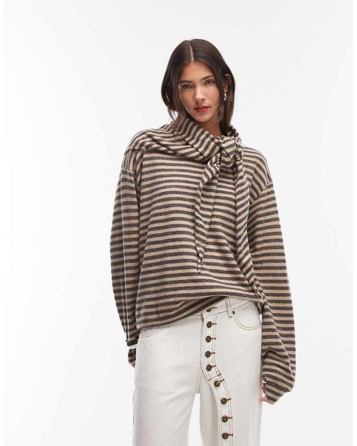 Lioness Brown Olsen Wool Blend Knitted Boxy Long Sleeve Detachable Scarf Detail Jumper