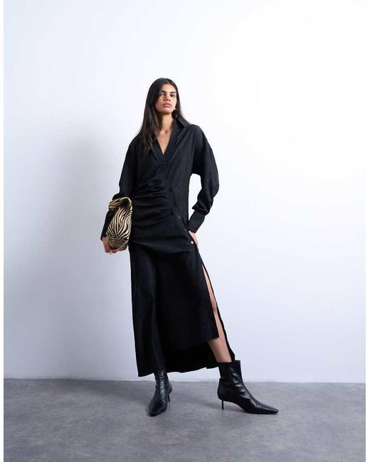 TOPSHOP Midi-Overhemdjurk Met Open Kraag, Rimpeleffect En Lange Mouwen in het Blue