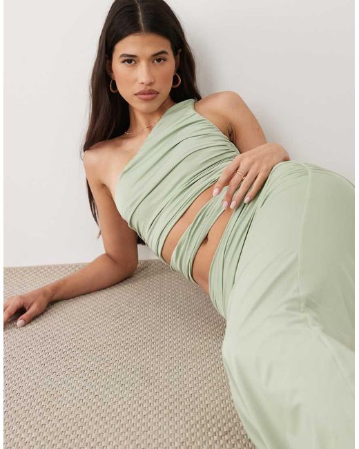 Aria Cove Green Double Layered Slinky Ruched Detail One Shoulder Cut Out Detail Maxi Dress