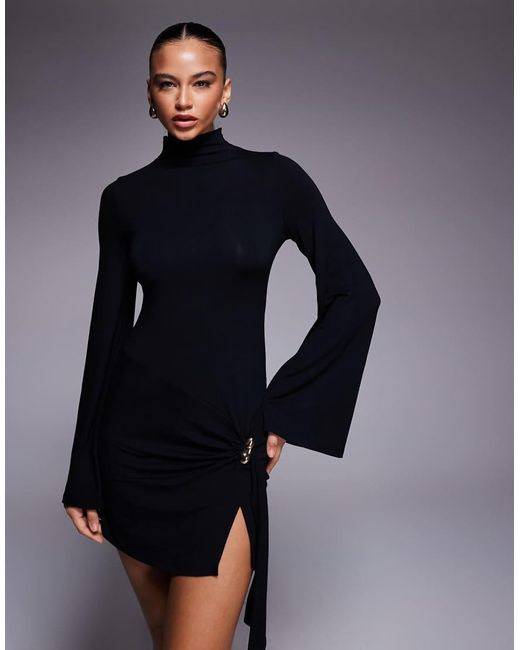 ASOS Blue High Neck Mini Dress With Gathe Hardware Trim Detail