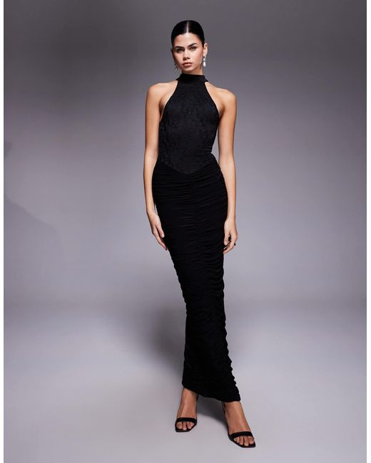 Kaiia Blue Exclusive Double Layered Slinky Lace High Neck Ruched Maxi Dress