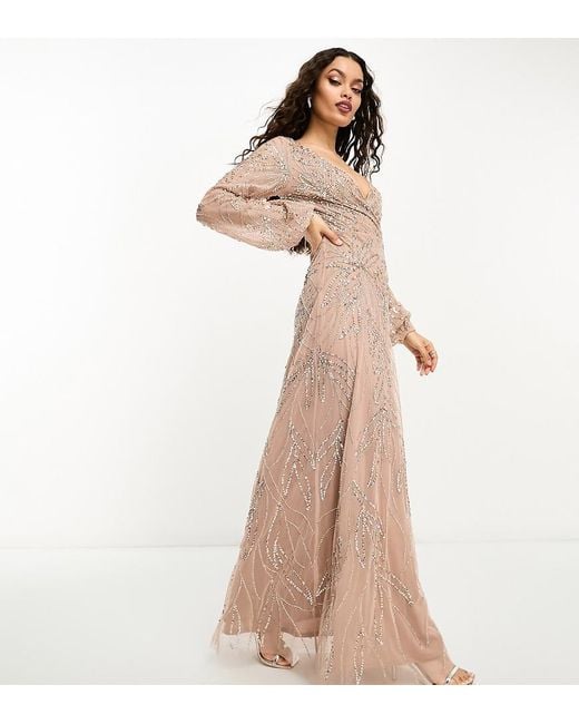 Beauut Natural Petite Bridesmaid Embellished Wrap Front Maxi Dress Taupe