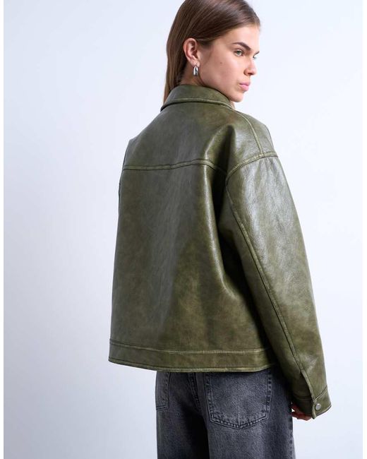 Chaqueta Verde Lavado Con Cremallera Y Bolsillos De Parche De Cuero Sintético De TOPSHOP de color Gray