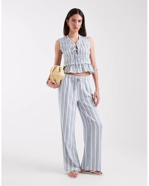 ONLY Blue Linen Blend Tie Front Ruched Top Co-ord