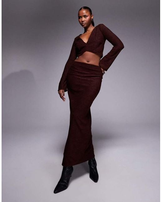 ASOS Brown Co-ord Brushed Rib V Front Crop Top With Flare Sleeve