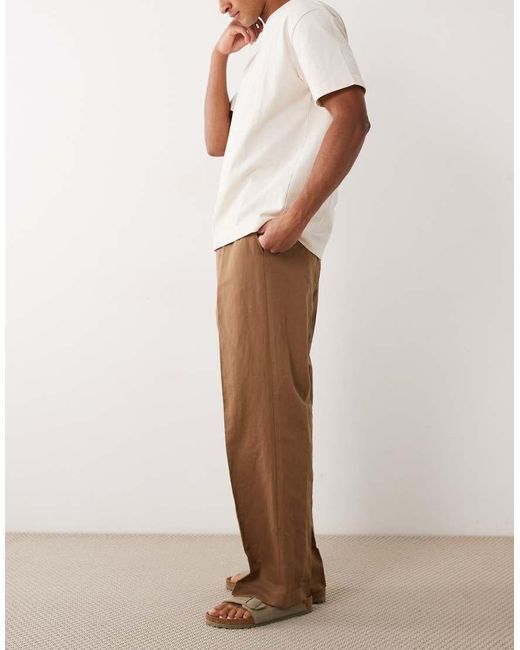 ASOS Natural Linen Rich Tailored Wide Leg Pull On Pants for men