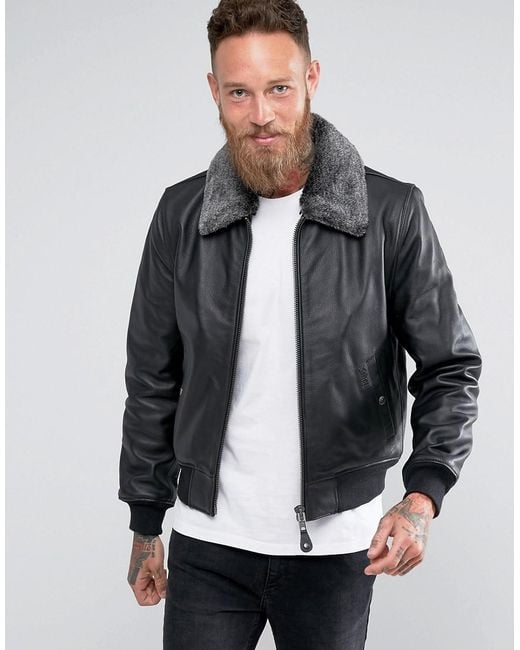 Schott Nyc Leather Flight Jacket Detachable Faux Fur Collar Slim Fit In Black for men