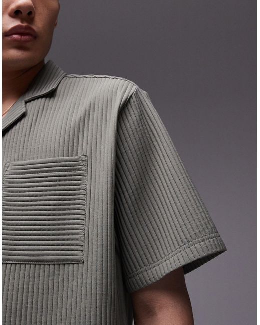 Topman Gray Short Sleeve Regular Fit Revere Plisse Shirt for men