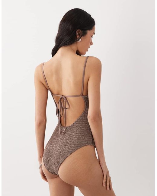 Mango Brown Crinkle Textured Tie Back Swimsuite