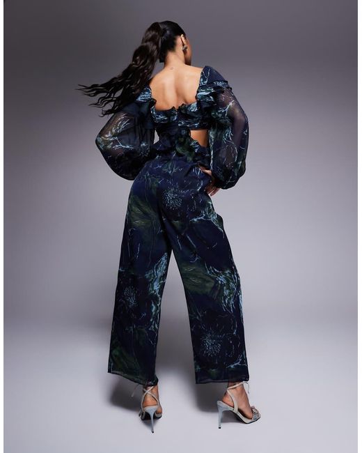 ASOS Blue Long Sleeve Ruffle Off Shoulder Jumpsuit