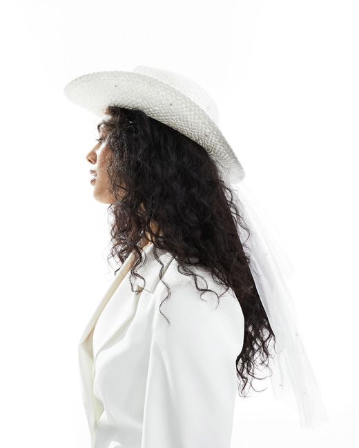 South Beach White Pearl Embellished Cowboy Hat With Pearl Veil