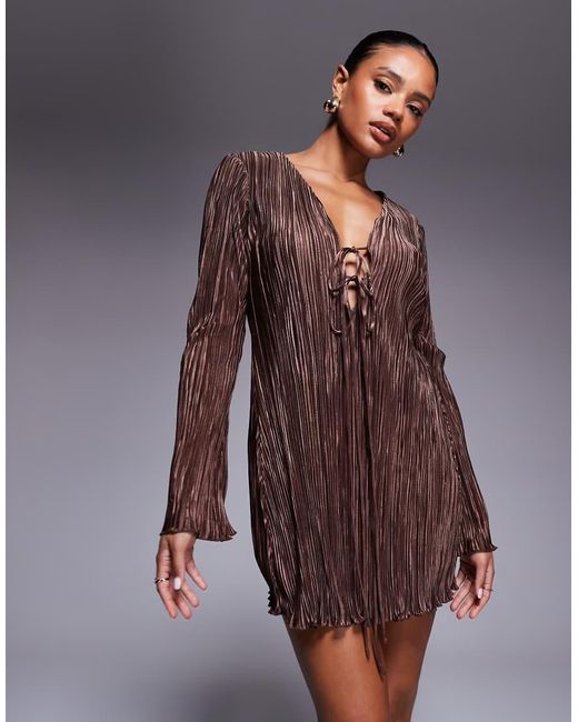 Princess Polly Brown Malop Plisse Tie Front Flare Sleeve Mini Dress