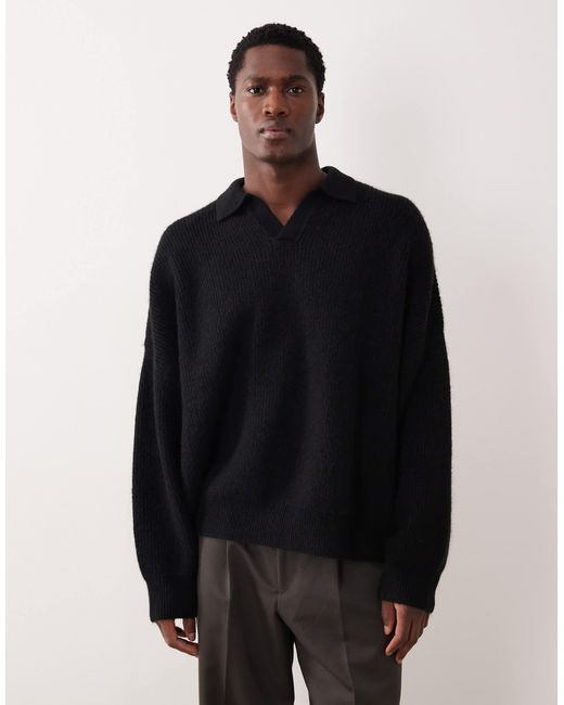 ASOS Black Super Oversized Boxy Fit Knitted Fisherman Rib Notch Neck Jumper for men