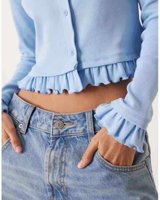 ASOS Blue Mini Rib Frill Hem Button Through Top