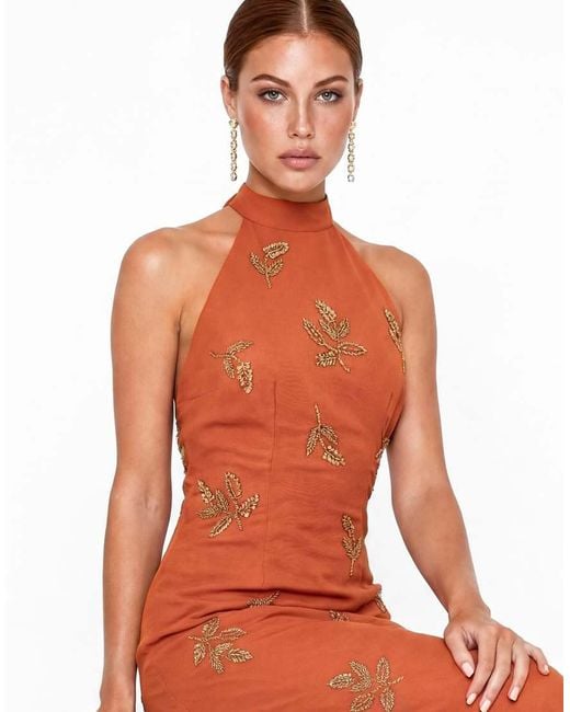 Maya Orange Embellished Halter Neck Open Back Maxi Dress
