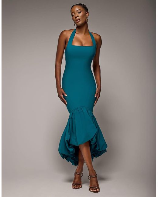 Goddiva Blue Halter Neck Puff Hem Mermaid Midaxi Dress
