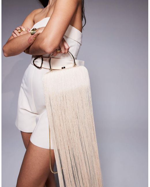 ASOS Natural Long Fringe Hardcase Grab Bag With Detachable Chain Crossbody Strap