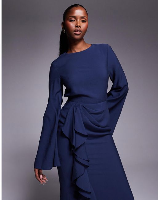 ASOS Long Sleeve Maxi Dress With Ruffle Skirt in Blue | Lyst