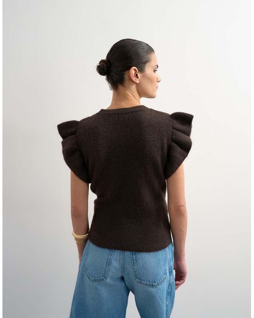 TOPSHOP Black Knitted Ruffle Short Sleeve Top