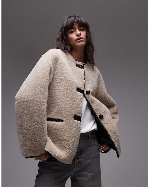 Mango Gray Contrast Detail Collarless Shearling Jacket