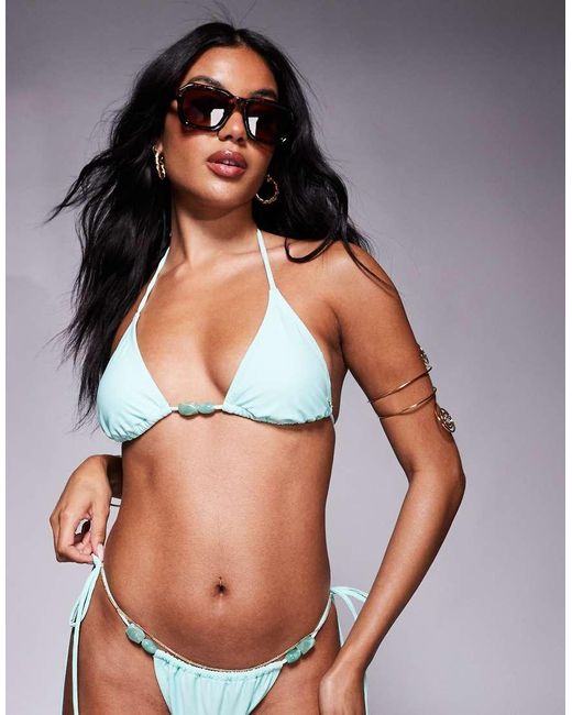 Top Bikini A Triangolo Color Acqua Con Perline di Candypants in Blue