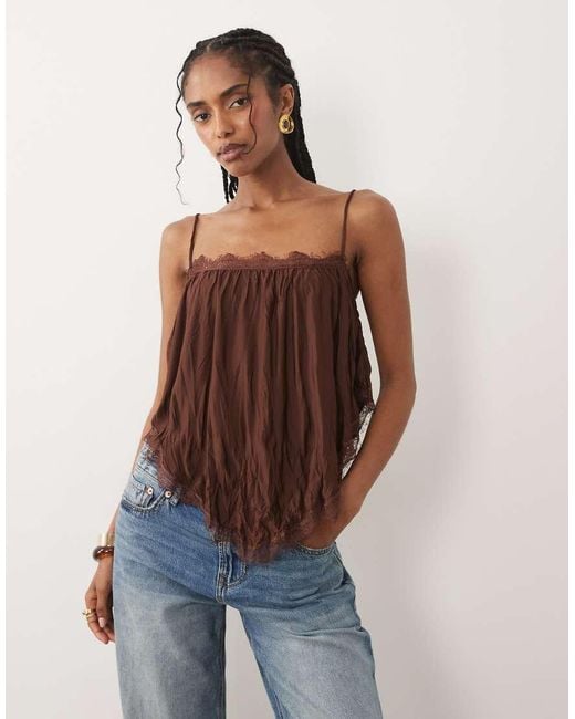 ASOS Blue Crinkle Floaty Cami With Lace Trim