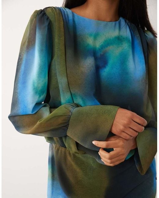 DASKA Blue Chiffon Drape Detail Blouson Waist Maxi Dress