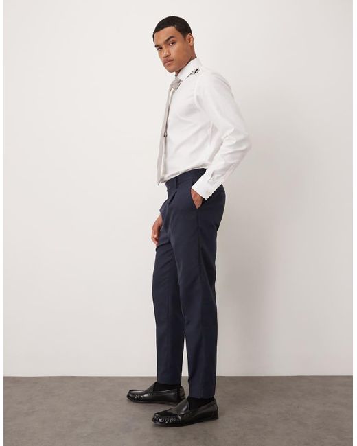 ASOS Blue Cotton Linen Blend Tapered Suit Trousers for men
