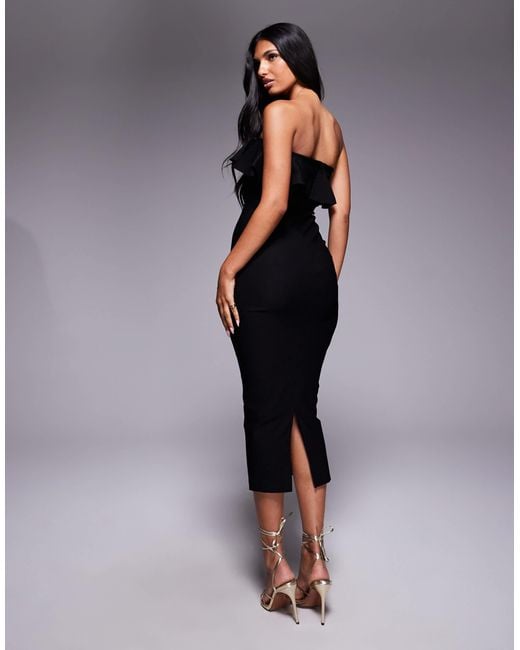 Vesper Blue Bengaline Foldover Frill Detail Bandeau Midi Dress