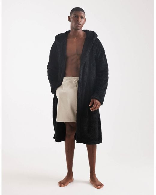 Loungeable Black Mens Sherpa Hooded Robe for men