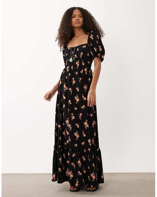 Miss Selfridge Black Seersucker Puff Sleeve Milkmaid Maxi Dress