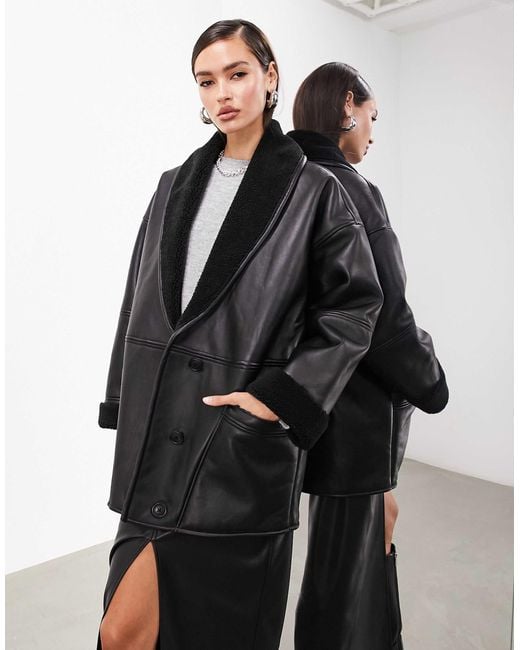 ASOS Oversized Real Leather Borg Lined Jacket in Black Lyst
