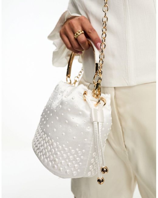 River Island Cross Body Bucket Bag With Pearl Detail in White | Lyst