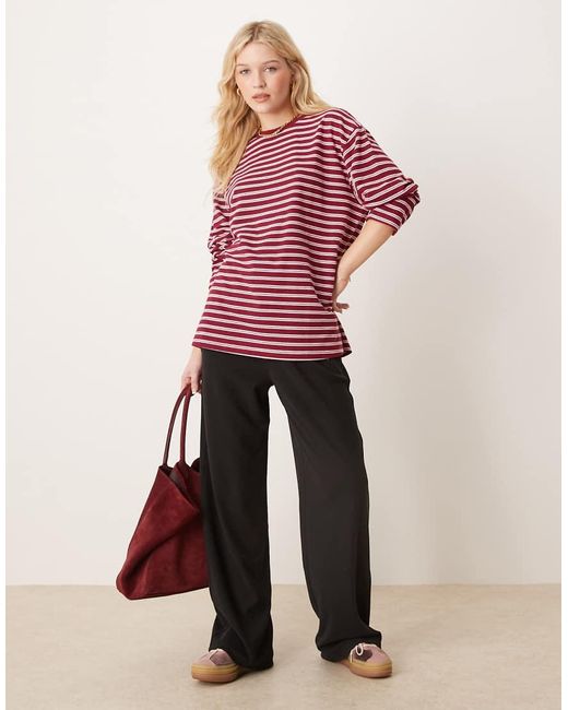 T-Shirt Stile Skater A Maniche Lunghe Oversize Bordeaux A Righe di ASOS in Red