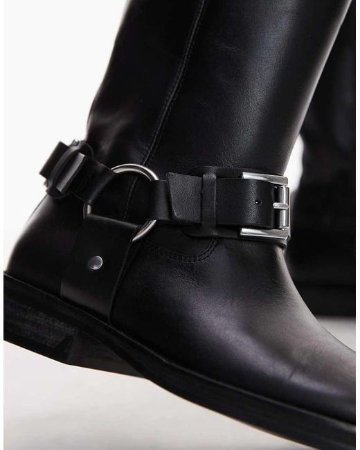 TOPSHOP Black Tee Premium Leather Knee High Biker Boots