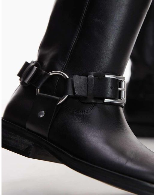 Botas Biker Por La Rodilla Negras De Cuero Premium Tee De TOPSHOP de color Black