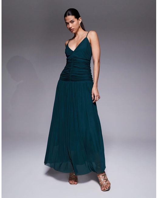 green emerald velvet dress Astr The Label | Pleated Drop Waist Maxi Dress in Navy main image 0