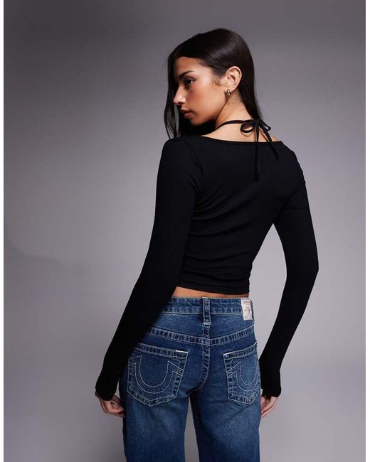 True Religion Blue Long Sleeve Ribbed Top With Halter Neck And Lace Up Detail