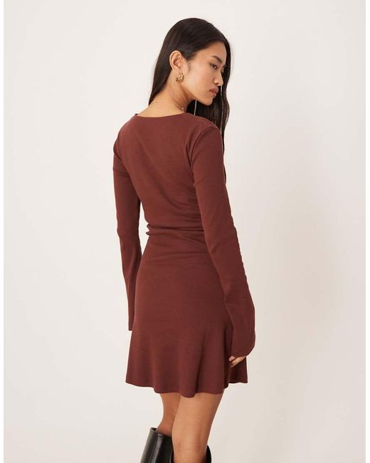 ASOS Natural Ribbed Slash Neck Ruched Side Swing Mini Dress