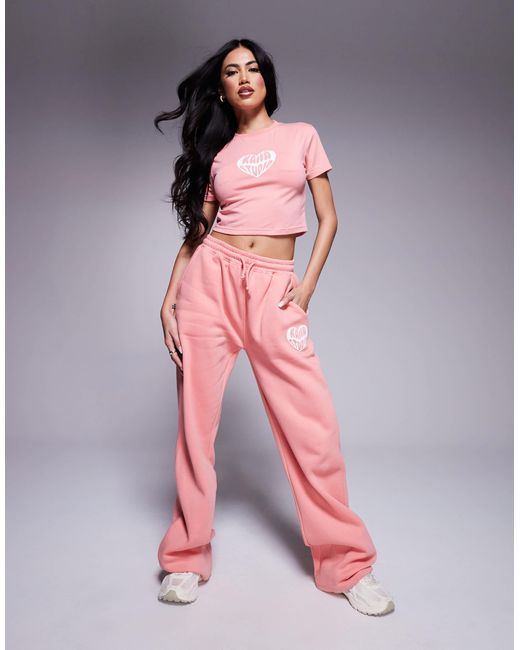 Kaiia Pink Contrast Heart Logo Baby Tee Co-Ord