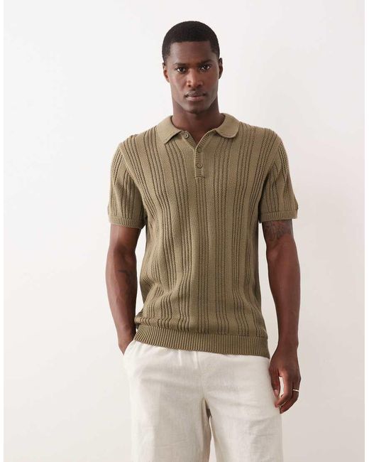 New Look Natural Knitted Ribbed Stripe Polo for men