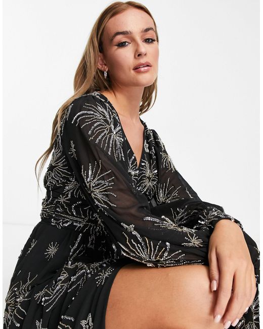 Miss Selfridge Black Premium Embellished Long Sleeve Maxi Dress With Star Detail