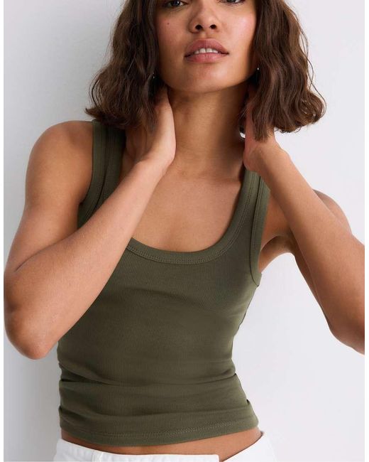 Stradivarius Green Cotton Ribbed Racerback Top