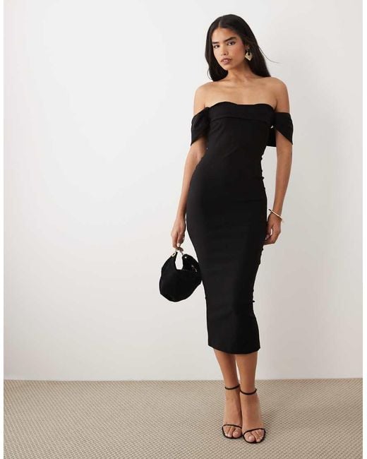 Vesper Black Bengaline Bardot Off Shoulder Bodycon Midaxi Dress