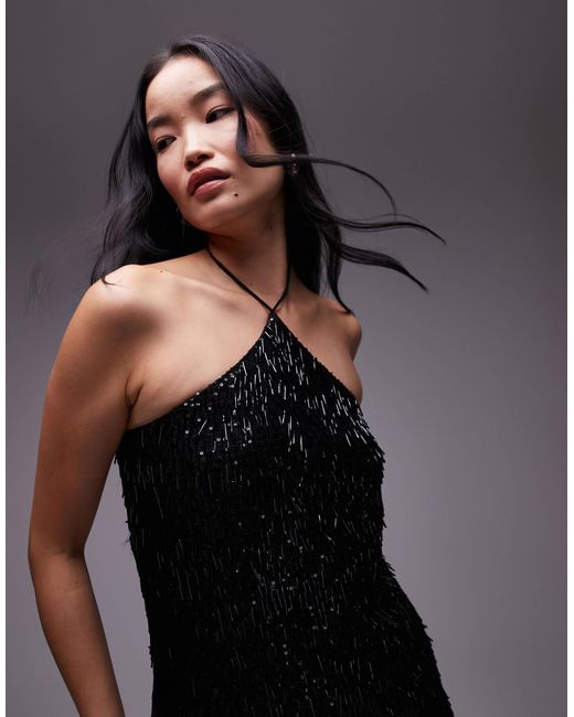 TOPSHOP Black Needle Sequin Halter Mini Dress
