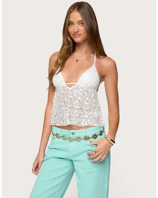 Edikted Blue Meela Sequin Net Halter Top