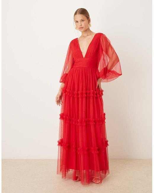 LACE & BEADS Red Boho Ruffle Maxi Dress